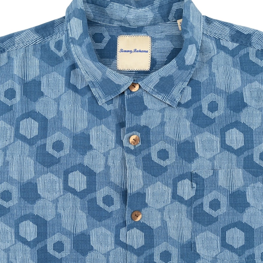 100% Silk Tommy Bahama Men XXL All Over Print Blue Geometric Hexagon Camp Shirt